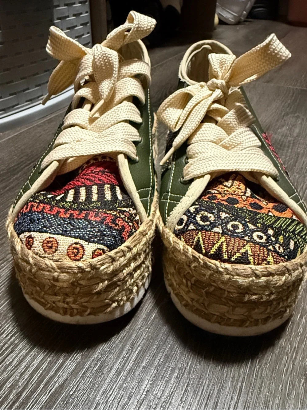 Woven Pattern Espadrille Sneakers in Olive and Cream